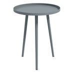 Round grey garden coffee table with raised tray top and three slim legs