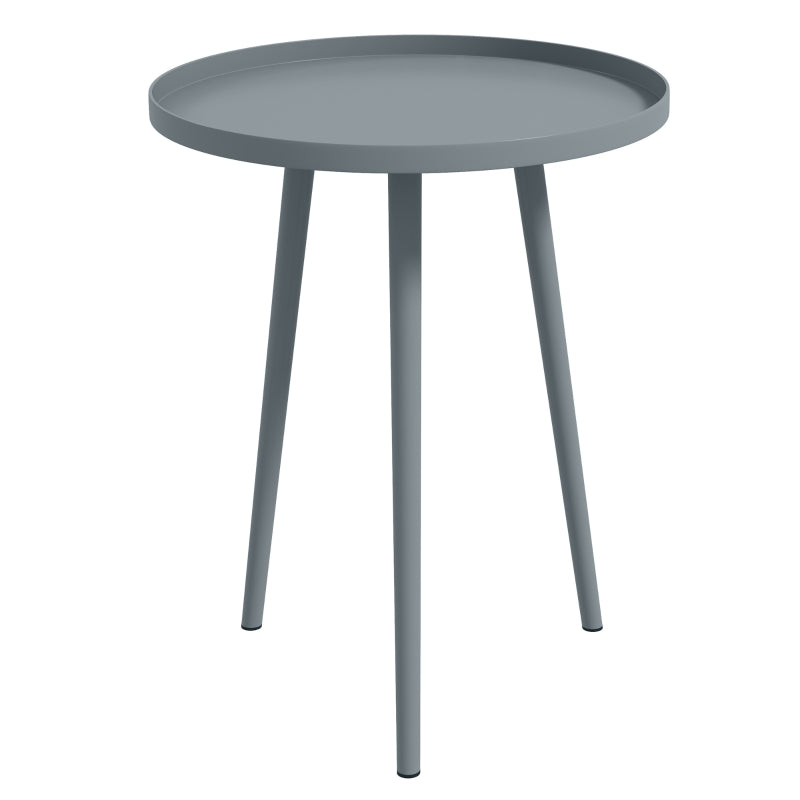 Round grey garden coffee table with raised tray top and three slim legs