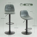 Pair of green swivel bar stools with footrest rings and curved upholstered seats