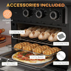 Accessories for mini convection oven: baking tray, crumb tray, fry basket and wire rack
