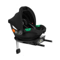 Black i-Size infant car seat with ISOFIX base, rear-facing and green recline handles