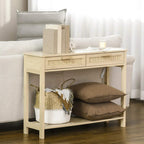 Natural console table with two drawers featuring woven panels and open storage shelf below.