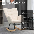 Beige wingback nursery glider rocker with plush arms and curved wooden base