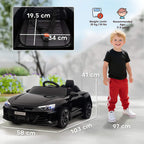 Black kids electric ride-on car with seat area view and overall size dimensions