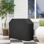Black protective grill cover draped over outdoor grill, snug fitted sides.