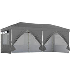 Dark grey pop-up canopy tent with six sidewalls and draped curtains