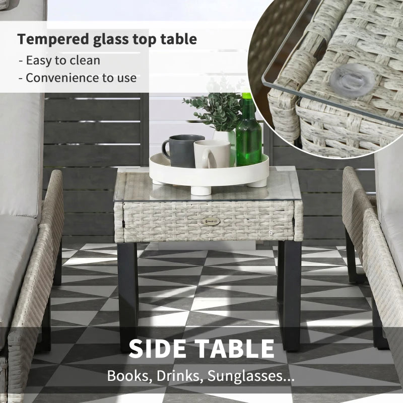 Light grey PE rattan side table with tempered glass top