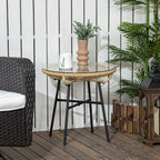 Round rattan side table with clear tempered glass top and black metal legs