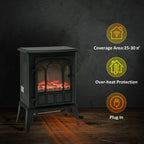 Black freestanding electric stove fireplace with LED flame and front glass window.
