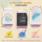 Pink three-in-one art easel with three board panels: whiteboard, chalkboard, paper roll