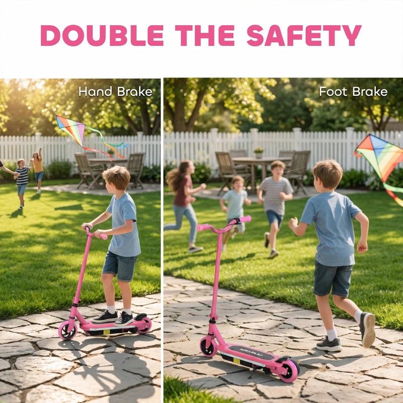 Pink kids electric scooter with front wheel, deck, and rear brake area