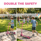 Pink kids electric scooter with front wheel, deck, and rear brake area