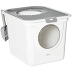 White enclosed cat litter box with round front entrance and top mesh cover