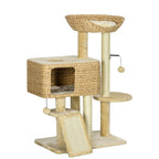 Beige cat tree tower with woven condo, two platforms, and sisal scratching posts