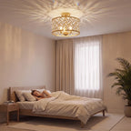 Gold-tone ceiling light with woven crystal prism shade in round canopy design