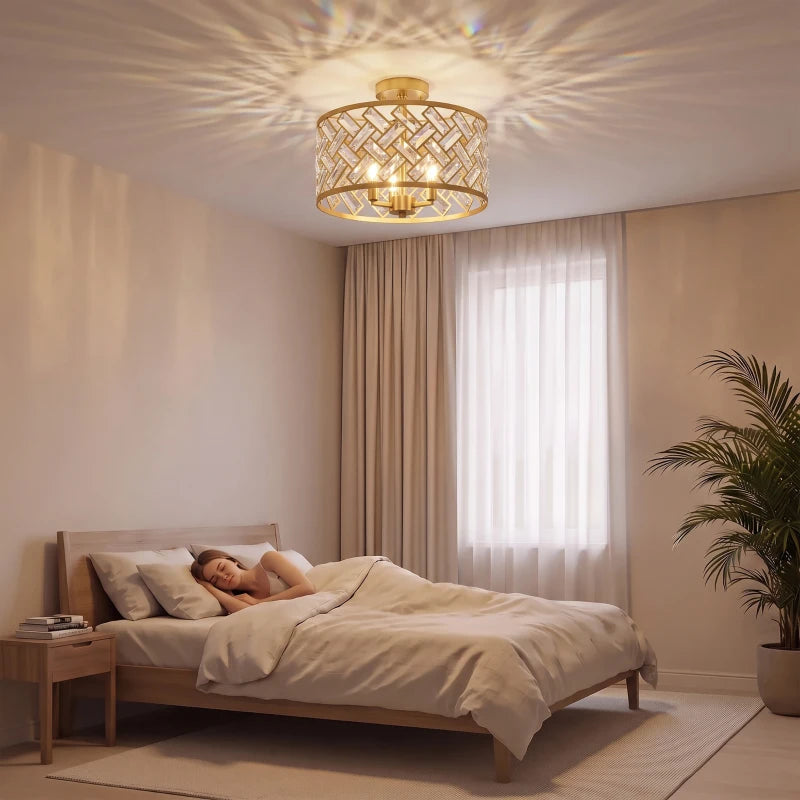 Gold-tone ceiling light with woven crystal prism shade in round canopy design
