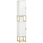 White freestanding bathroom tallboy cabinet with two doors and gold steel base