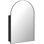 Arched black bathroom mirror cabinet with hinged door and open storage shelves