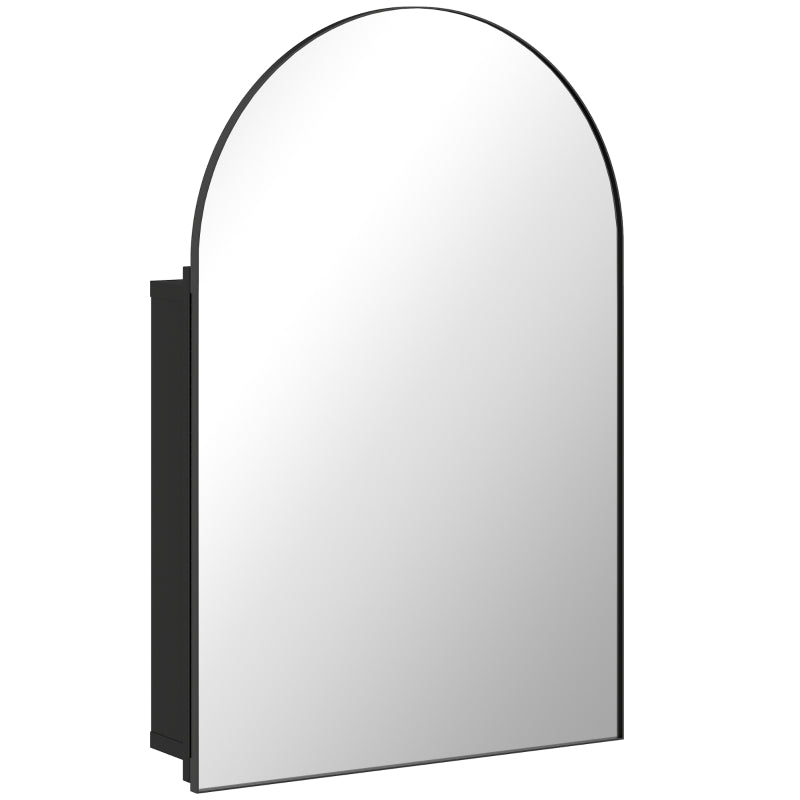 Arched black bathroom mirror cabinet with hinged door and open storage shelves