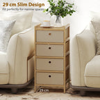 Slim cream 4-drawer bamboo dresser with round pulls, suited for narrow spaces
