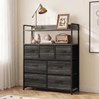 Grey wood-effect dresser with open shelf and 6 visible drawer fronts, black legs