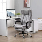 Grey high-back office massage chair with recline footrest and chrome rolling base