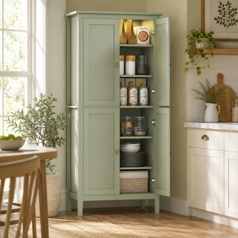 Green tall pantry cupboard with doors open, showing jars, plates, and stacked pantry shelves.