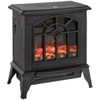 Black freestanding electric fireplace stove with LED flame effect behind arched glass front.