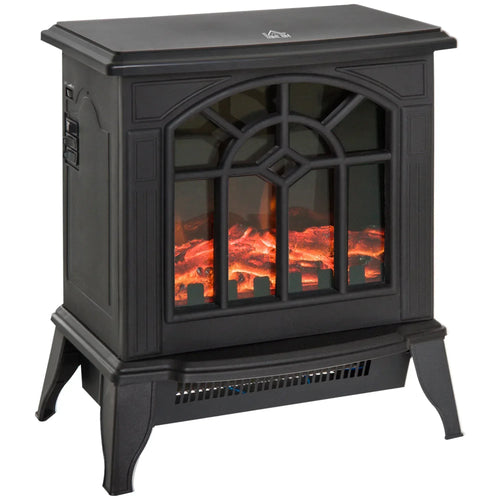 Black freestanding electric fireplace stove with LED flame effect behind arched glass front.