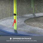 Trampoline net replacement detail of zipped entrance with green border and zipper pull