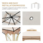 Beige garden gazebo installation process with black metal frame parts and top view