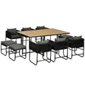 10 Seater Rattan Cube Garden Furniture Set, Rattan Dining Set with Cushions, Outdoor Dining Table and Chairs with 6 Armchairs, 4 Stools, Rectangular Wood Grain Plastic Top Table, Black - Bobobiy
