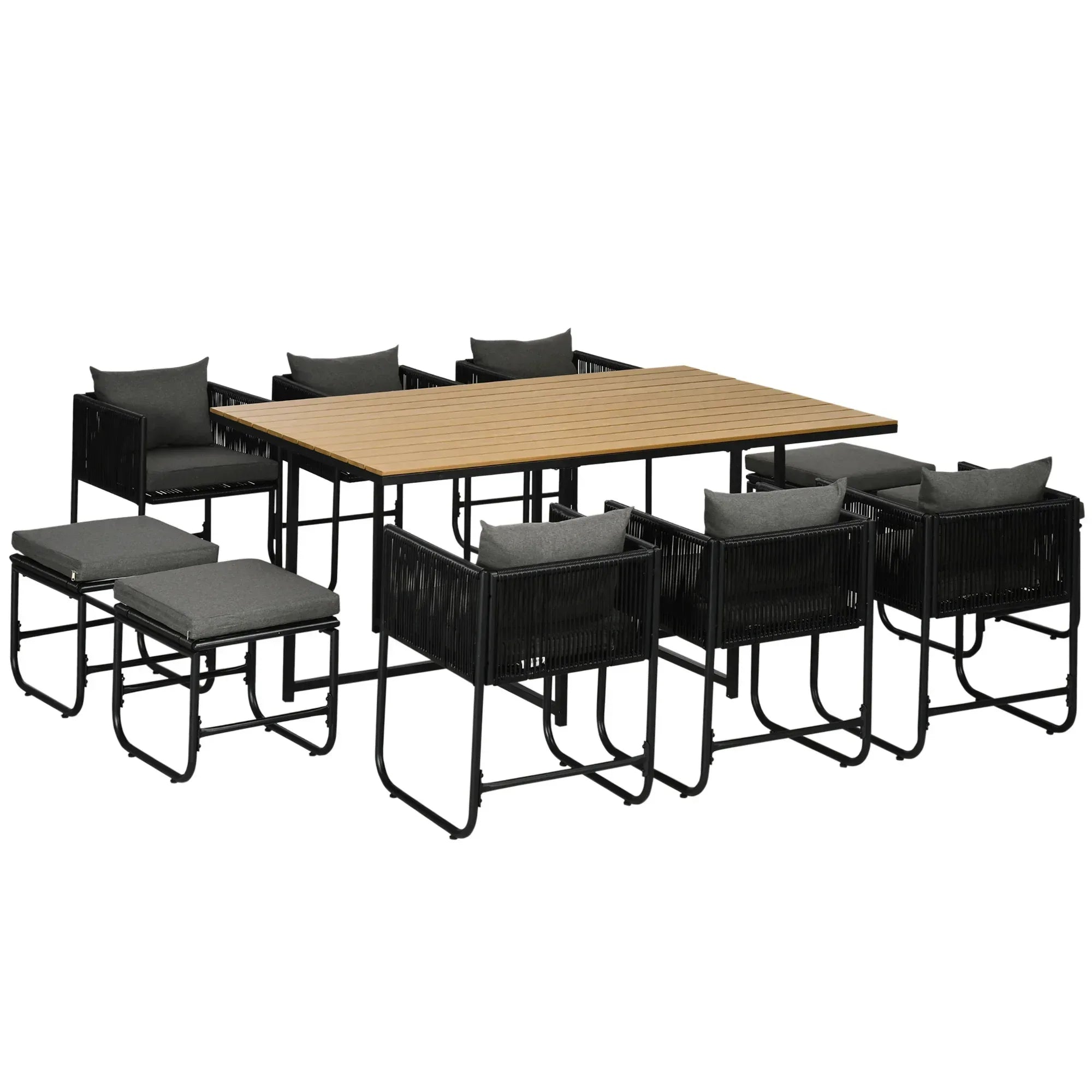 10 Seater Rattan Cube Garden Furniture Set, Rattan Dining Set with Cushions, Outdoor Dining Table and Chairs with 6 Armchairs, 4 Stools, Rectangular Wood Grain Plastic Top Table, Black - Bobobiy