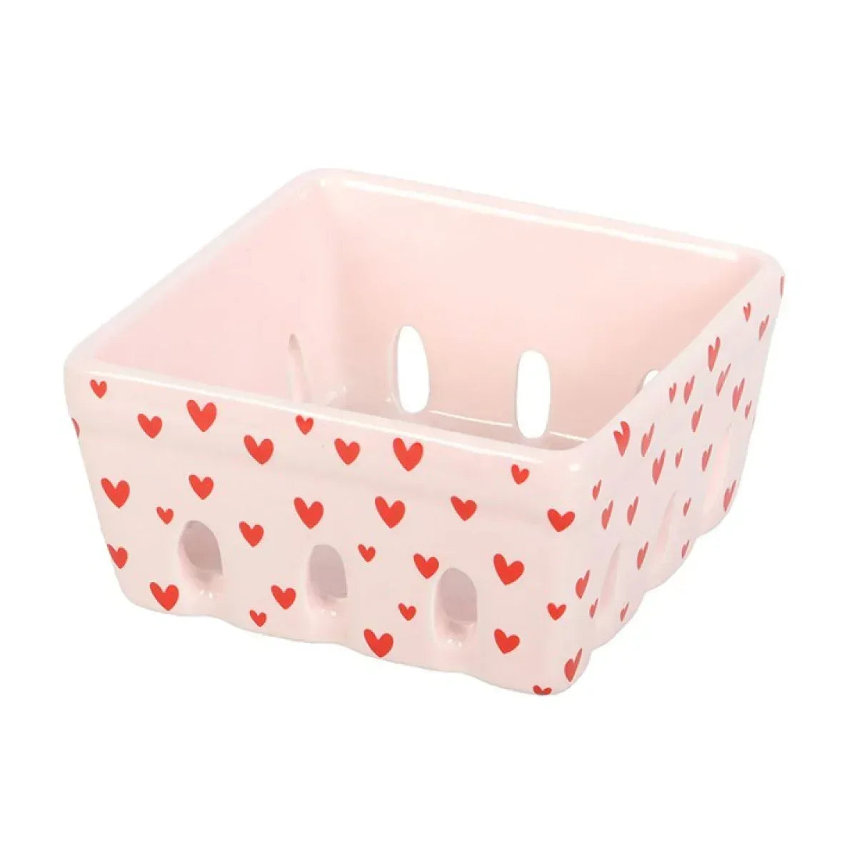 Pink ceramic berry basket with red heart print, rectangular open design