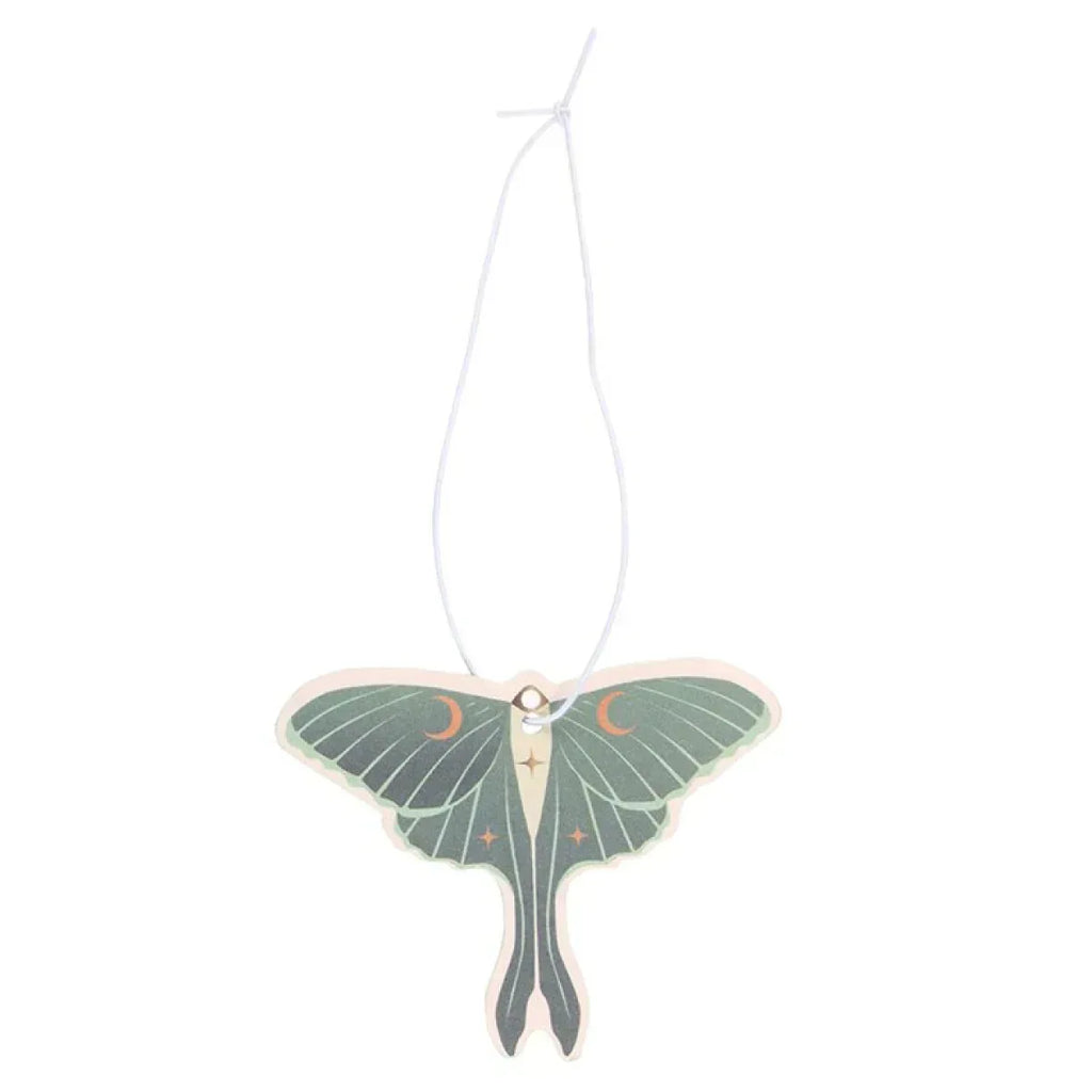 Hanging moth-shaped air freshener ornament with green wings and white string