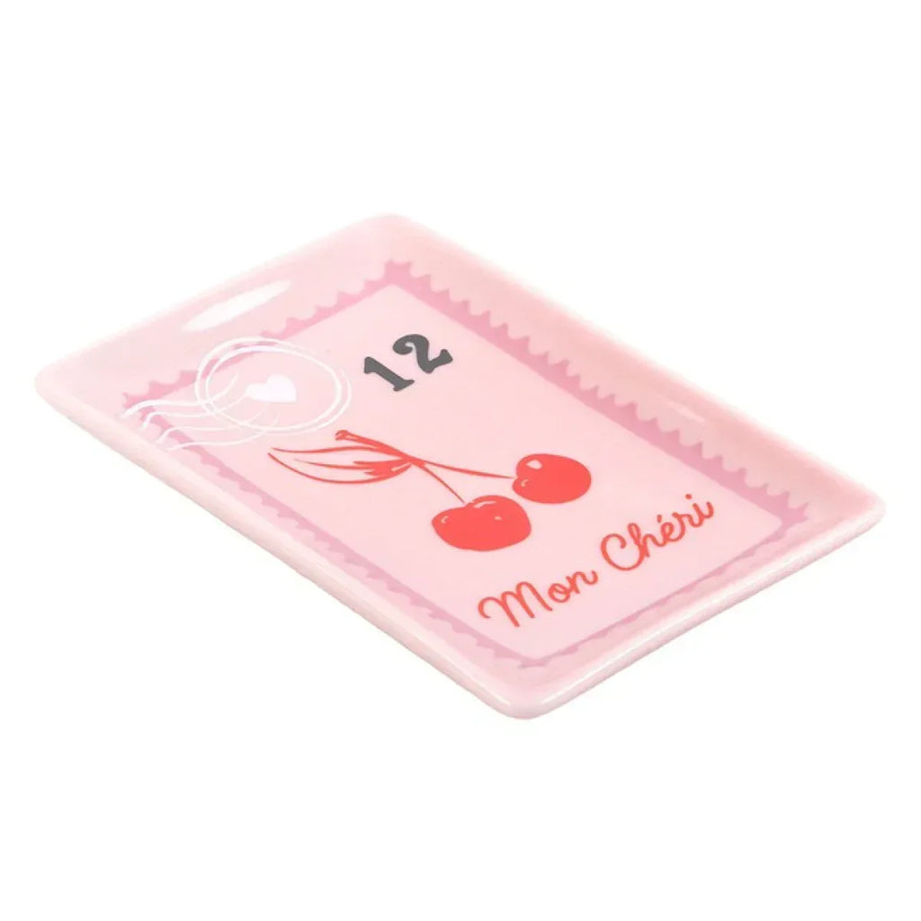 Pink cherry stamp trinket dish with 12 and Mon Cheri print