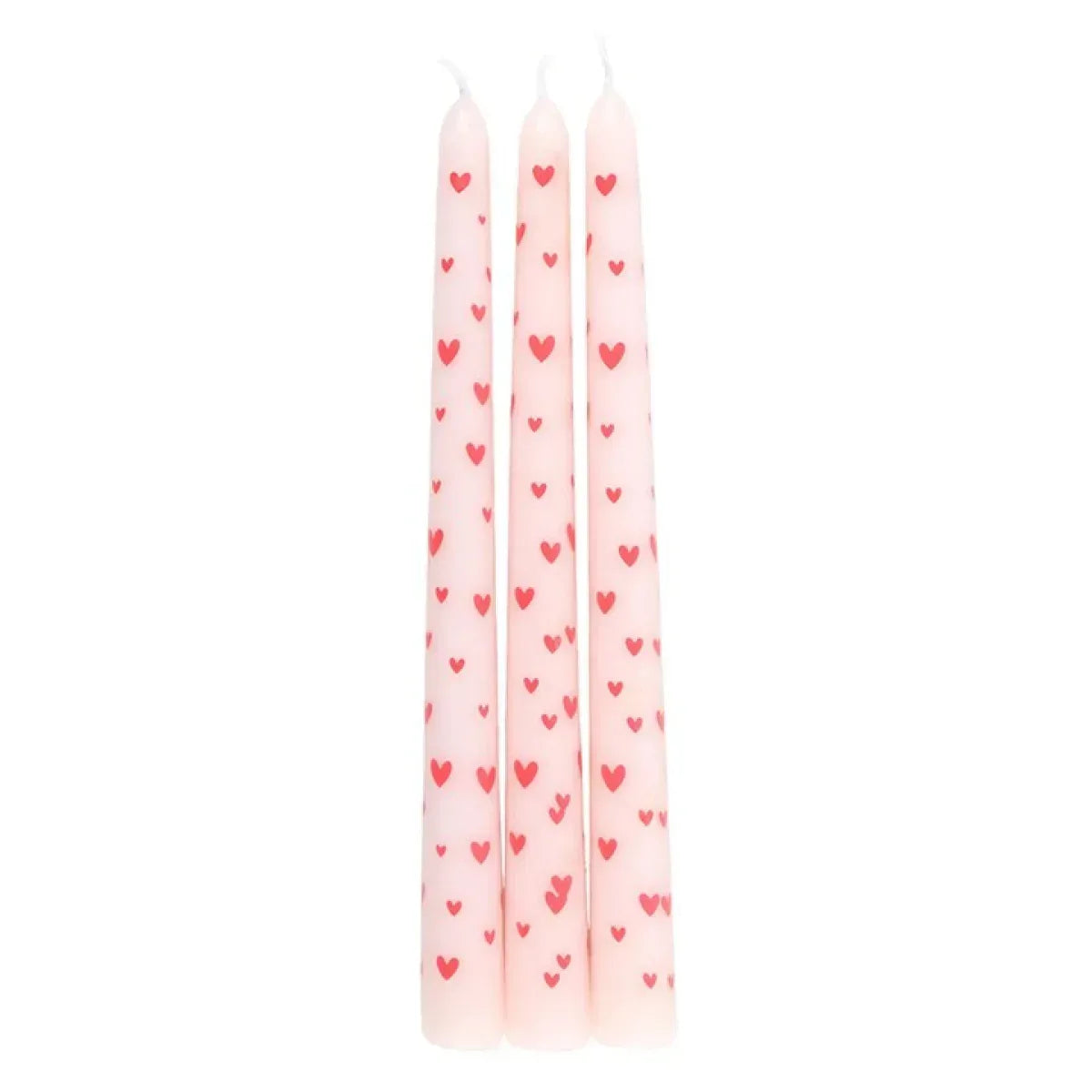 Three pink taper candles with small red hearts, straight shape