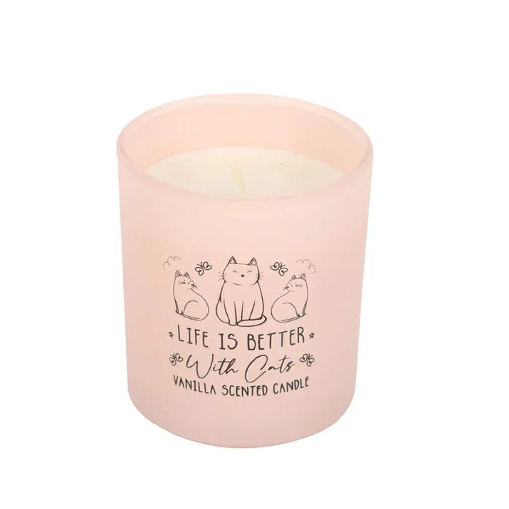 Pink vanilla scented candle jar with cat line art and 'Life is Better With Cats' label