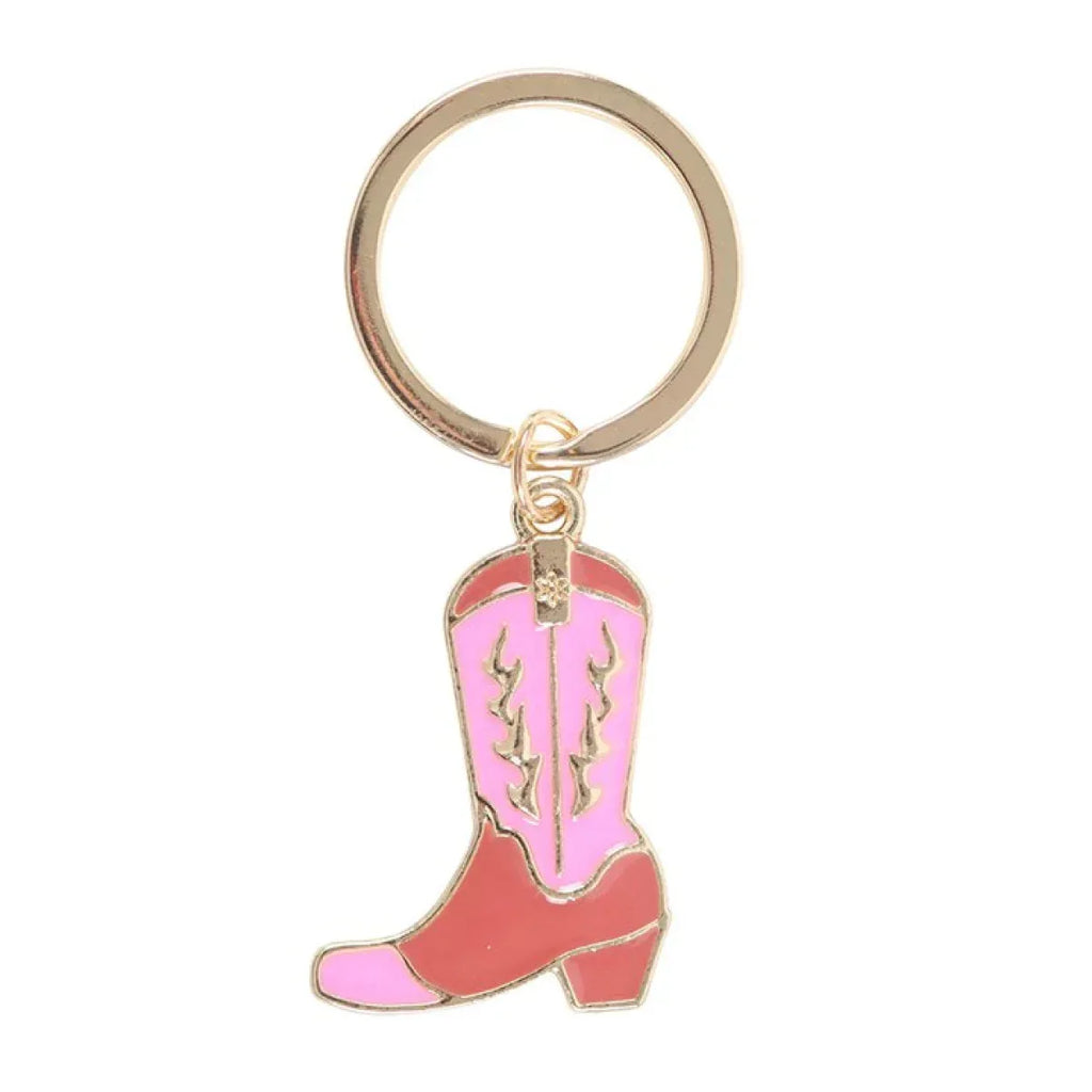 Gold-tone key ring with pink cowboy boot charm, glittery enamel accents
