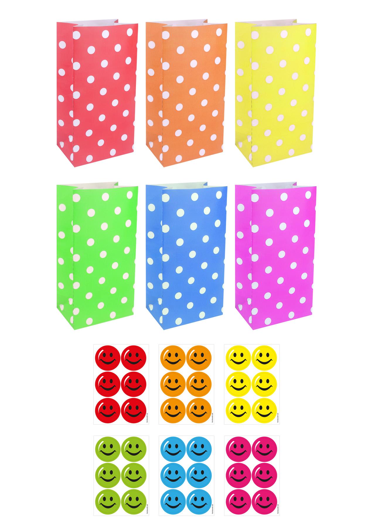 Polka Dot Paper Party Bags with Smiley Face Stickers (6 Assorted Colours) Pack of 12