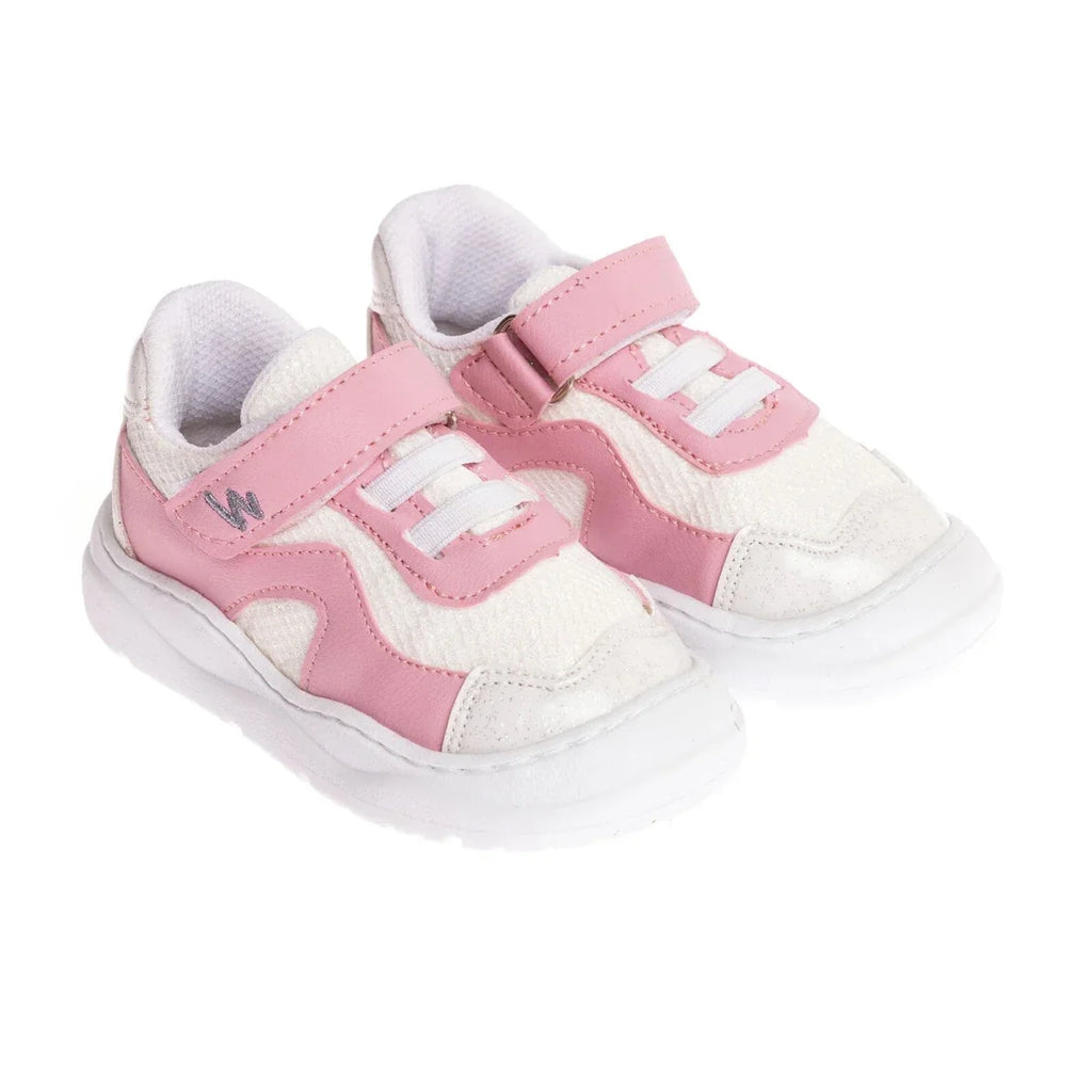 Girls first-step sneakers, white with pink, hook-and-loop straps, cushioned sole