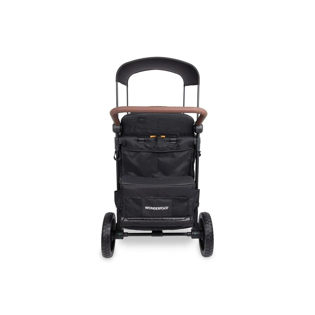 Black stroller wagon front view with curved canopy and brown handle