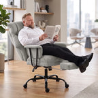 Grey office chair with wide padded seat, tall back, and rolling five-wheel base