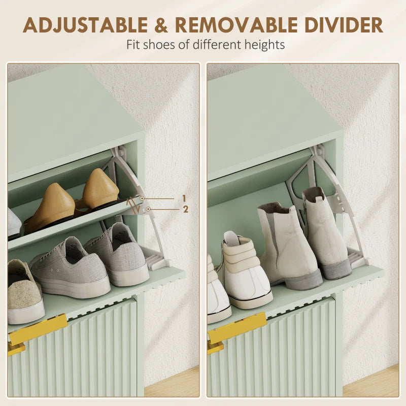 Light green shoe cabinet showing adjustable removable divider inside the upper tier