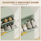 Light green shoe cabinet showing adjustable removable divider inside the upper tier