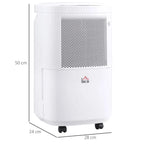 White compact dehumidifier with front vent and caster wheels, shown with size outline