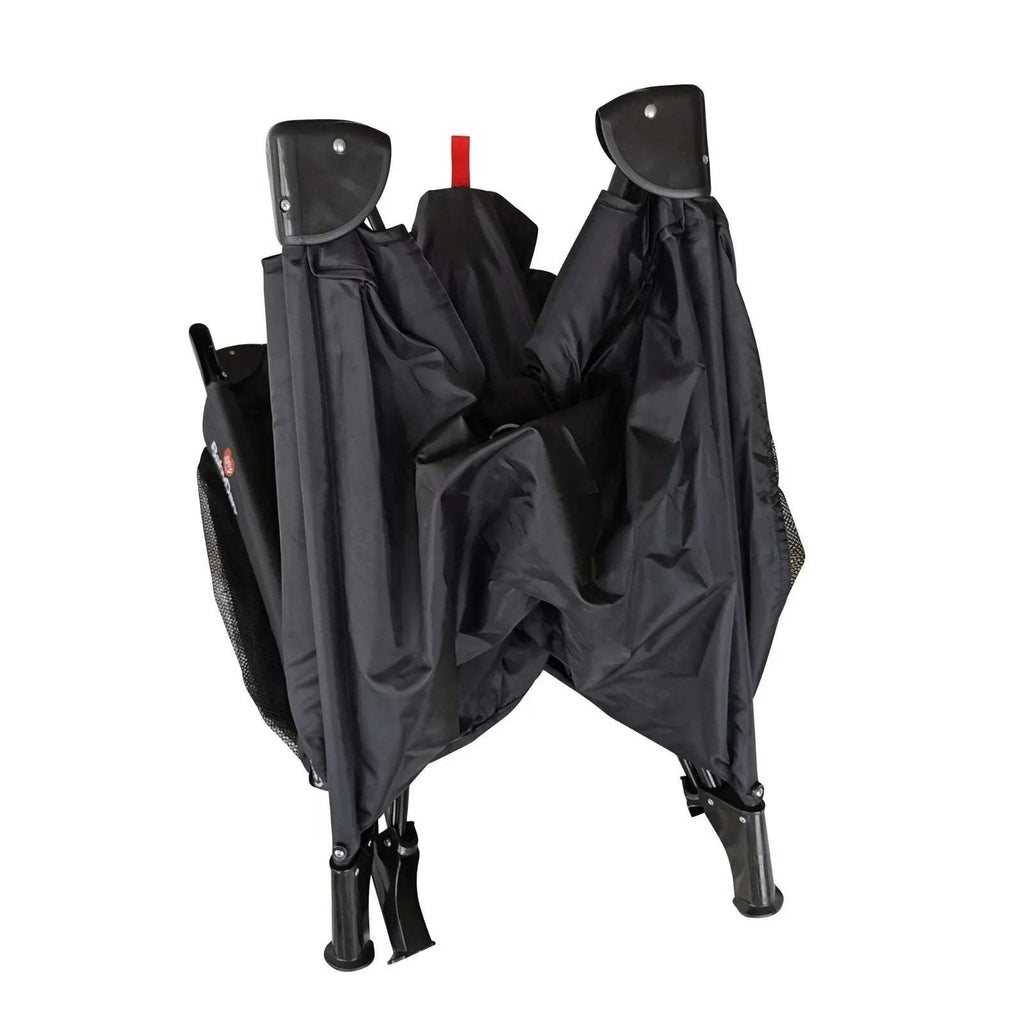 Black travel cot open with side panels, red webbing, and four legs