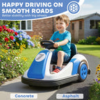 Blue and white kids bumper car ride-on with big wheels and rear bumper