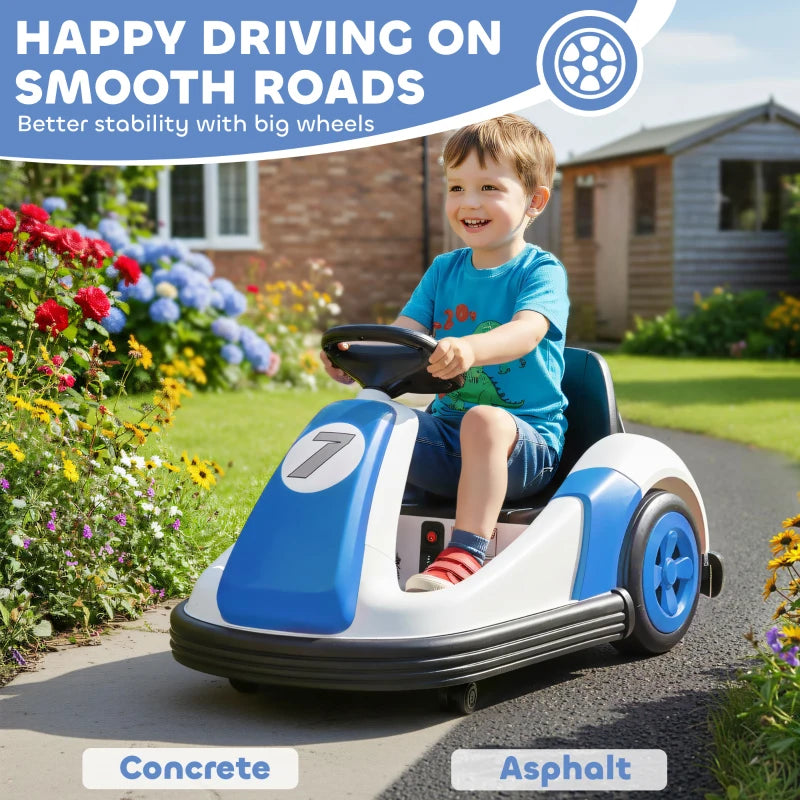 Blue and white kids bumper car ride-on with big wheels and rear bumper
