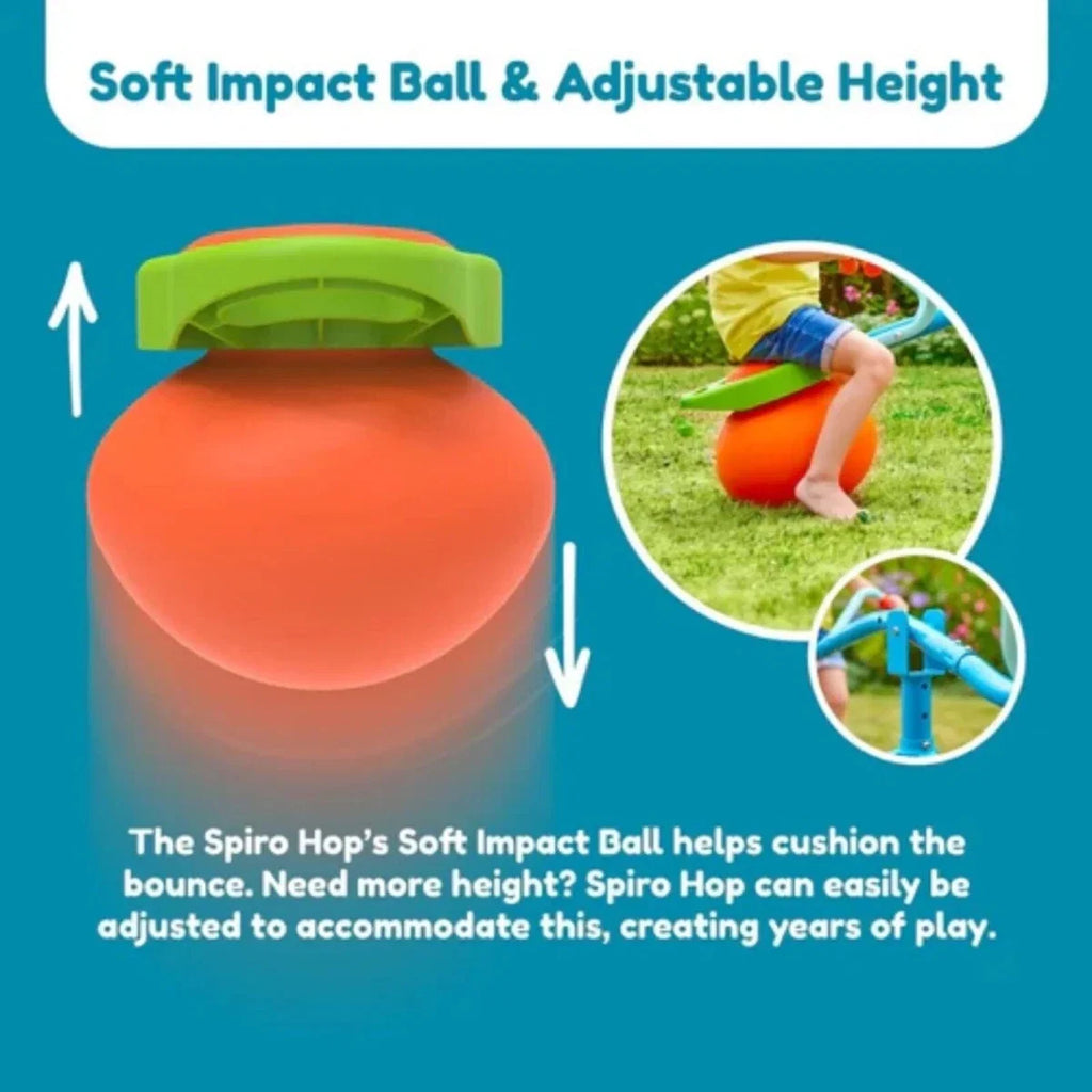 Orange cushioned ball seat with green cover on adjustable height blue hop frame